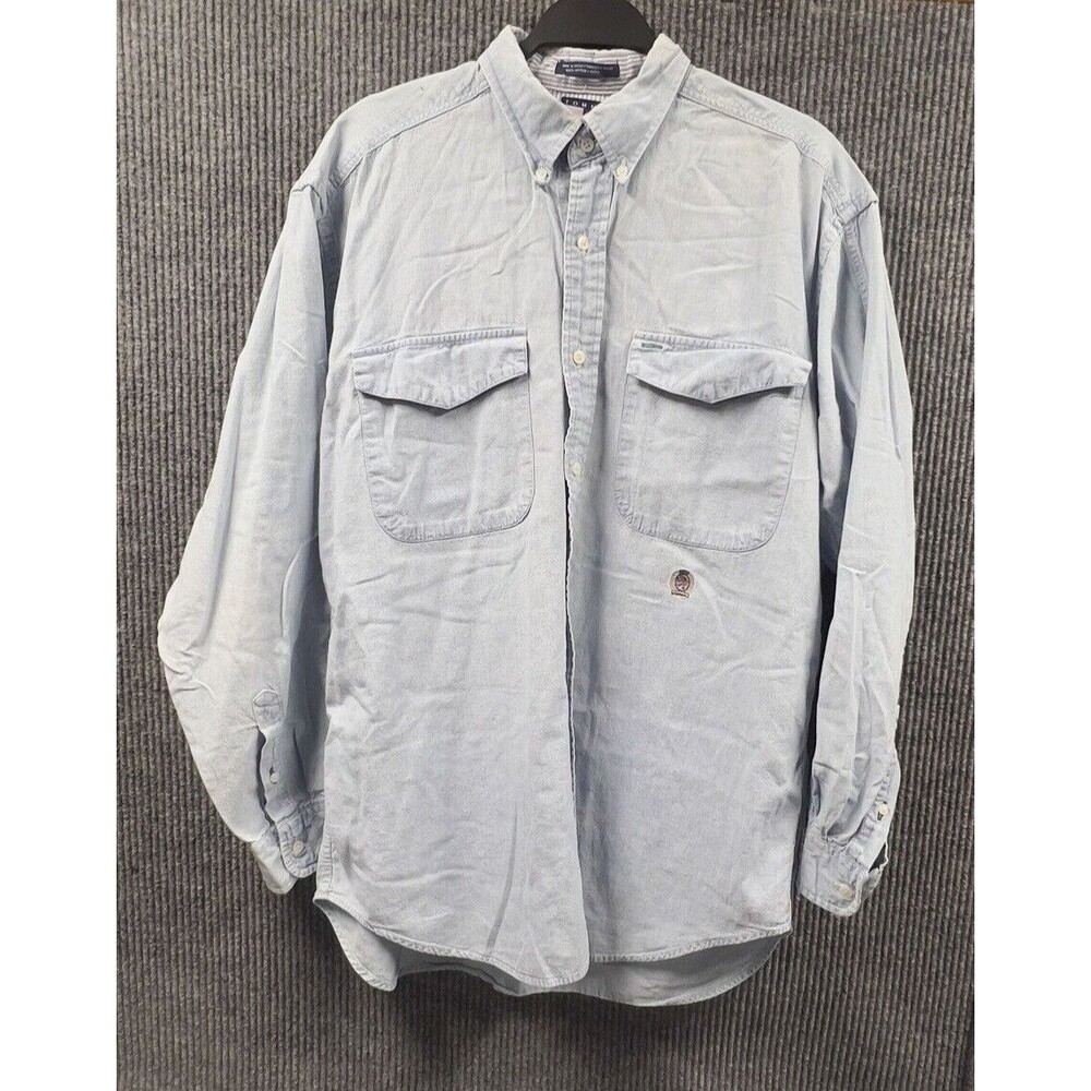 Vtg 90s Tommy Hilfiger Shirt Mens Medium Blue Crest Logo Button Down Long Sleeve